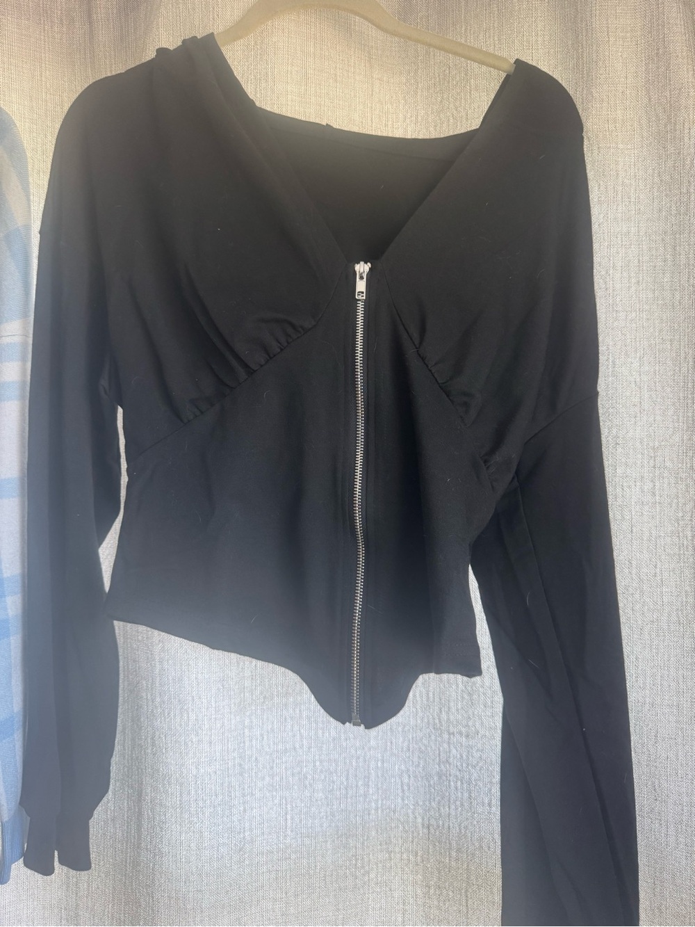 Black cropped with deep v-neck and Zip-Front Hooded Women’s Top